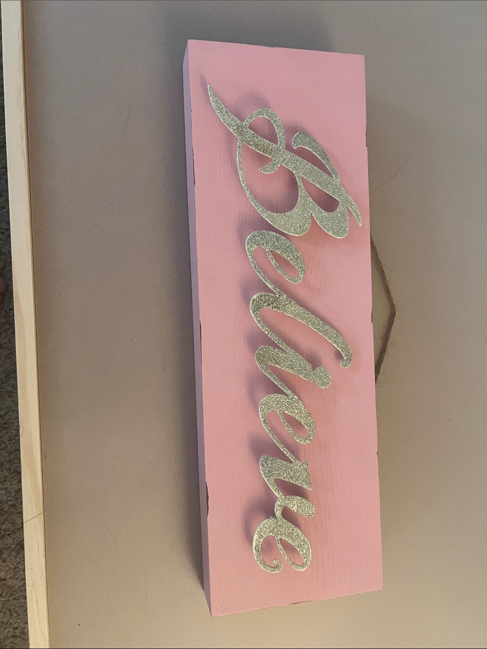 Pink 'Believe' Wall Sign with Silver Glitter Script